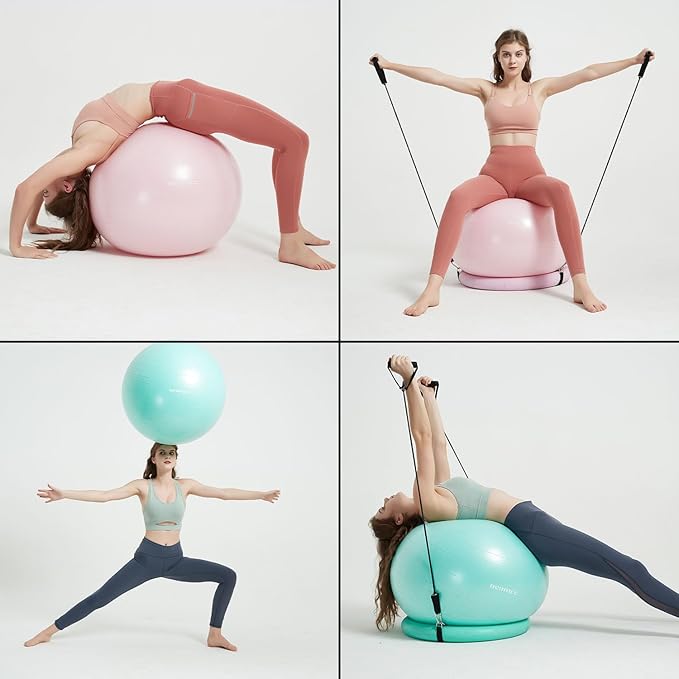 Exercise Ball Chair with Resistance Bands, Yoga Ball Office Chair with Stability Base for Home Gym, Workout Ball for Fitness, Large Size 65 cm