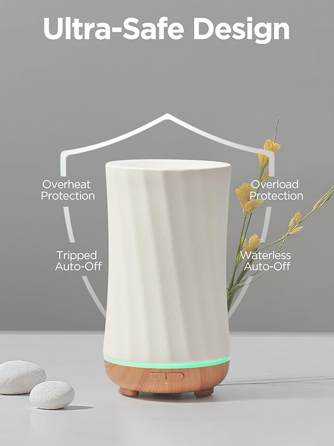 InnoGear 150ml Ceramic Oil Diffuser, Handcrafted Stone Essential Oil Diffuser Aromatherapy Diffusers Ultrasonic Cool Mist Humidifier Vaporizor with 2 Mist Modes for Room Home, White Twist Ceramic
