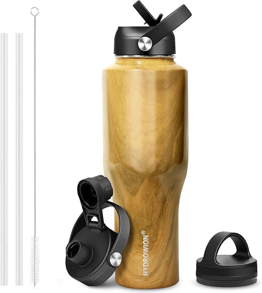 HYDROWION Water Bottle Stainless Steel,Vacuum Insulated Leak Proof Tumbler 32oz with Straw Lid, Spout Lid and Flex Cap(Cold for 48 Hrs, Hot for 24 Hrs), Fit in Any Car Cup Holder, Wood