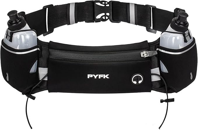PYFK Running Belt with Water Bottles, Hydration Belt for Men and Women, Water Bottle Holder Running Pouch Water Belt, Fanny Pack Fits 7 inches Phones, Waist pack for Runner Jogging
