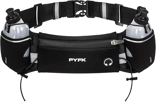 PYFK Running Belt with Water Bottles, Hydration Belt for Men and Women, Water Bottle Holder Running Pouch Water Belt, Fanny Pack Fits 7 inches Phones, Waist pack for Runner Jogging