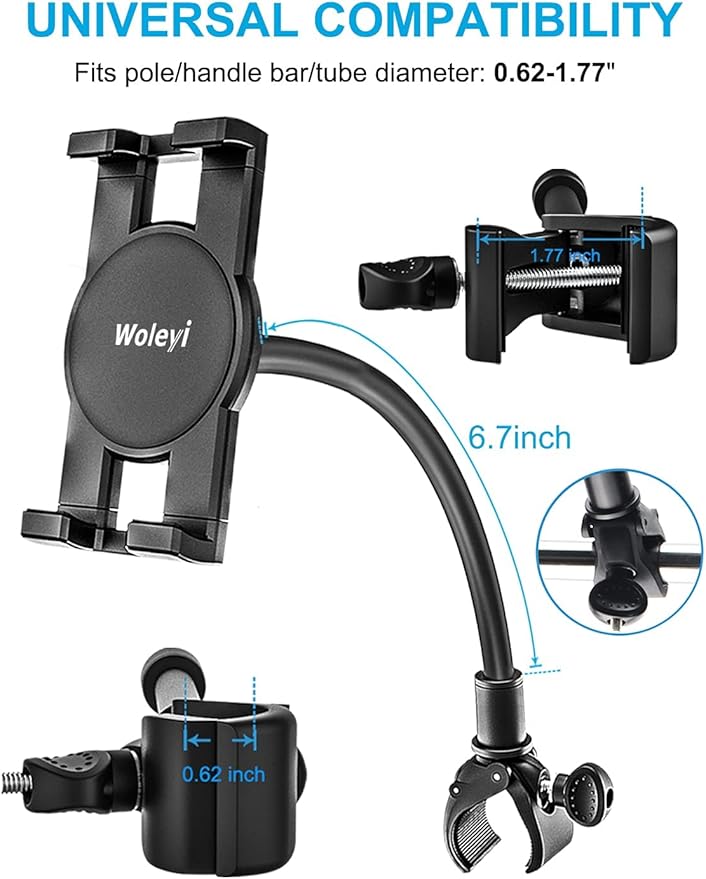 Exercise Bike Tablet Holder for Peloton, Gooseneck Treadmill Tablet Mount - Spin Bike Handlebar for Indoor Stationary Bicycle, Elliptical, Stroller for iPad, iPhone, Galaxy Tab/Z Fold, Kindle, 4.7-13"