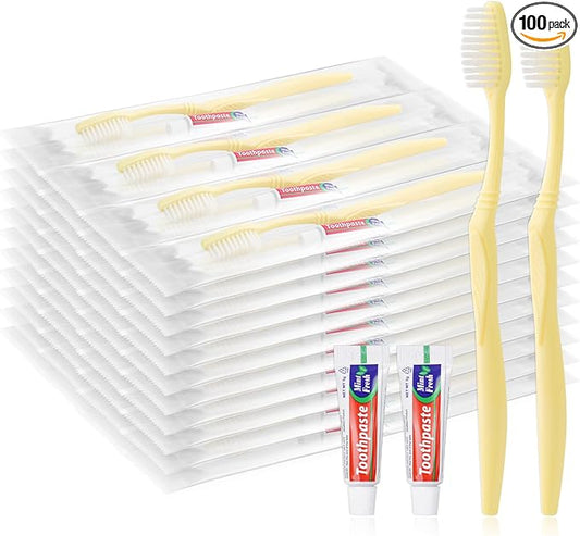 Disposable Toothbrush with Toothpaste Set, Individually Wrapped Soft Bristles Travel Size Manual Toothbrushes Kit in Bulk for Hotel/Travel/ Business/Donation/Homeless/Charity/Camping (100 Pack)