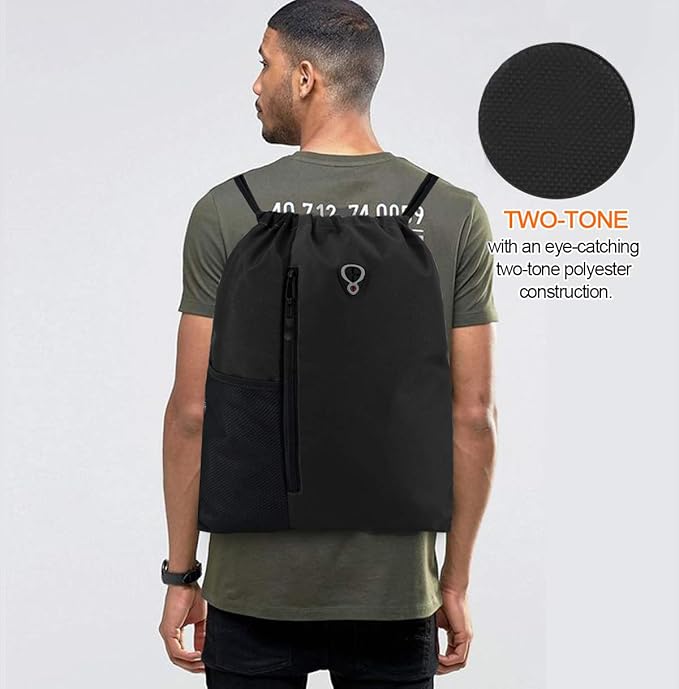 BeeGreen Black Drawstring Backpack Gym Bag For Men Women String Sports Backpack With Water Bottle Mesh Pockets And 2 Zippered Pocket Large Cinch Sackpack Workout Bag 16" x 20"