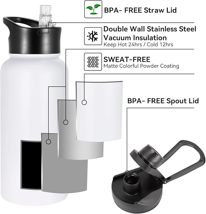 32 oz Insulated Water Bottle Bulk 4 Pack, Stainless Steel Sports Water Bottles with Straw Lid & Wide Mouth Lids, Double Walled Vacuum, Leak Proof, White