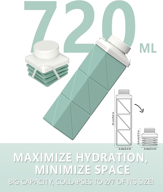 Collapsible Water Bottles 720ml 24.3oz, Foldable Portable Water Bottle, Lightweight Reusable Leakproof for Travel Camping Hiking Cycling Sports Outdoor School, 2 Pack, Green+Dark Blue