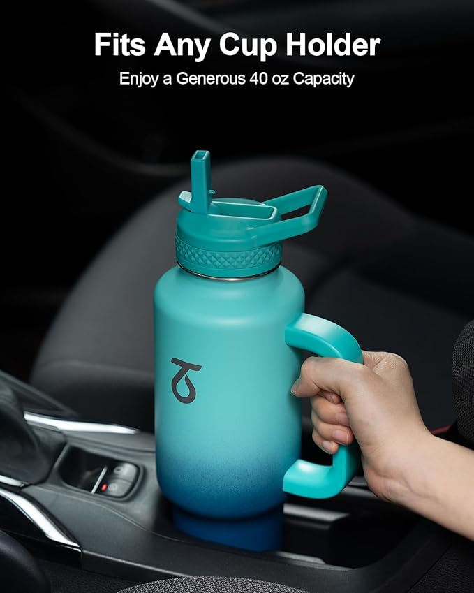 Trebo 40 oz Water Bottle Insulated Fit Car Cup Holder with Handle, Stainless Steel Retro Bottles Tumbler with Straw Lids, Vacuum Double Wall,Keep 24hrs Cold,Leakproof Reusable Travel Flask