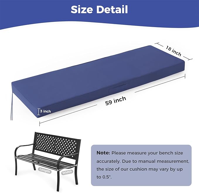 Outdoor Bench Cushions for Outdoor Furniture, 59x18x3 Inch, Waterproof Bench Pillow, Fade Resistant Long Bench Seat Pads for Garden, Indoor, Porch Swing, Navy Blue