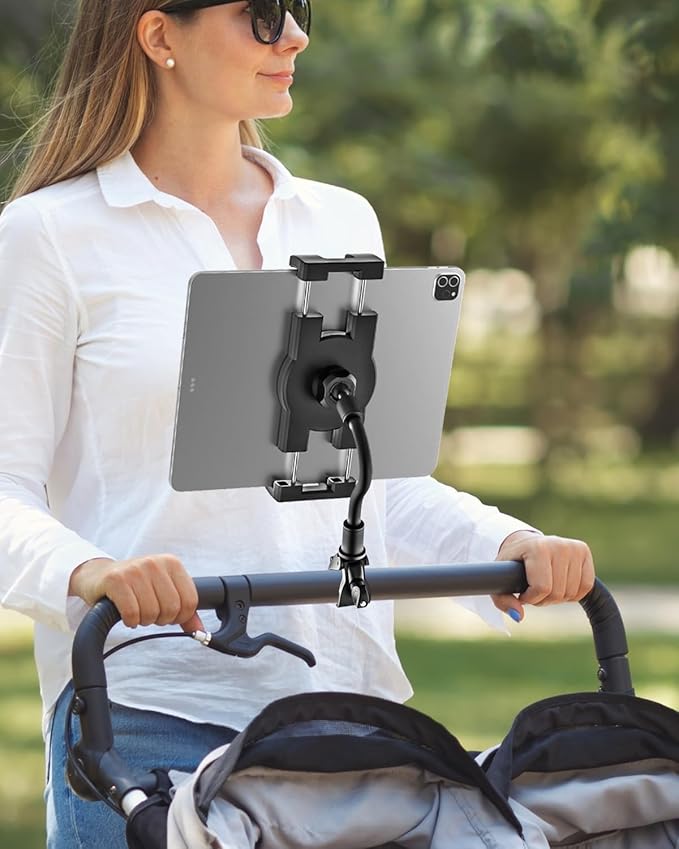 Gooseneck iPad Holder for Stroller, Adjustable Phone Tablet Holder Mount Pole Clamp for Baby Stroller, Shopping Cart, Indoor Cycling, Fit for iPad Pro/Mini/Air, iPhones, Galaxy Tab, 4.7-13" Devices