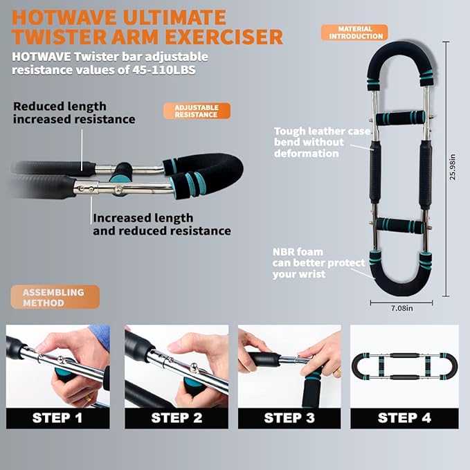 HOTWAVE Twister Arm Exerciser,Adjustable Spring Workout Bar, Forearm Triceps Chest Enhanced Exercise Strengthener,Portable Home Fitness Equipment
