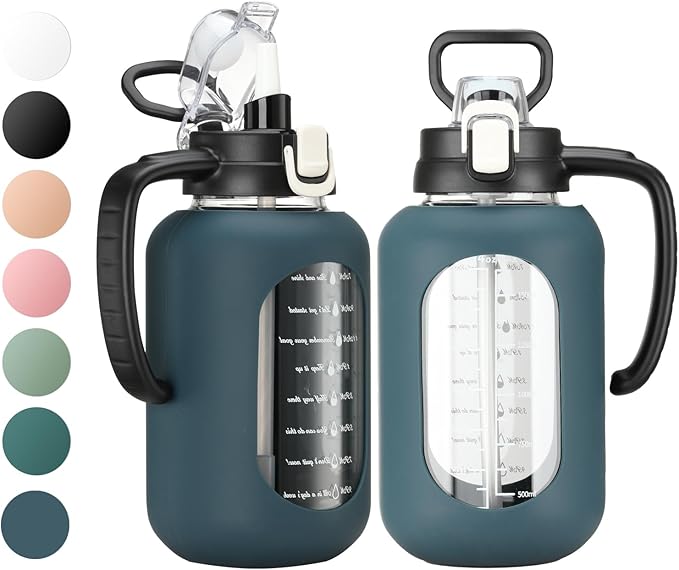 64 oz Glass Water Bottle with Straw and Handle Half Gallon Water Jug with Silicone Sleeve Large Water Bottle for Office, Gym, Outdoor Sports