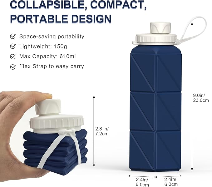 Collapsible Water Bottles 20.6oz 2 Pack, Silicone Foldable Portable Travel Water Bottle, Lightweight Reusable Leakproof for Traveling Camping Hiking Cycling Sports Outdoor (Blue+Darkblue)
