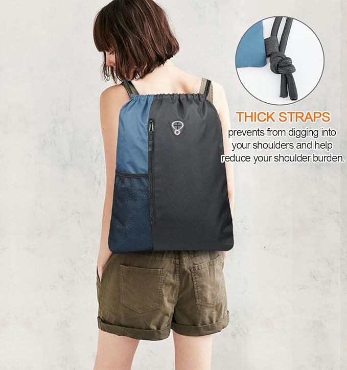 BeeGreen Haze Blue Drawstring Backpack Gym Bag For Men & Women – Sports Sackpack with Mesh Water Bottle Holder & 2 Zippered Pockets – Large 16x20 Inch Cinch String Backpack