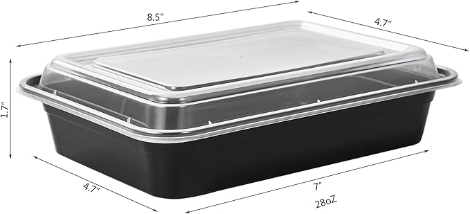 50 Pack Meal Prep Plastic Food Storage Containers With Lids 28 oz 1 Compartment Black Rectangular To Go Lunch Prepping Boxes BPA-Free Microwavable Freezer Safe Stackable (Formerly FULING)