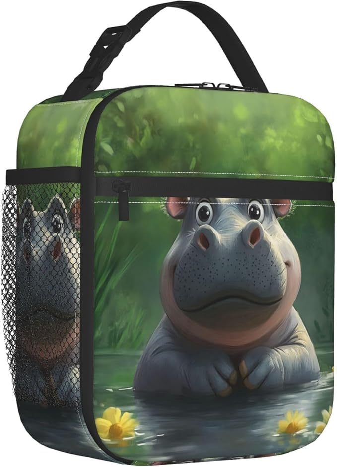Insulated Lunch Box for Women Men, Hippo Theme Lunch Box Reusable Portable Lunch Bag Cooler Tote Waterproof Lunch Container for Office Picnic Work Travel