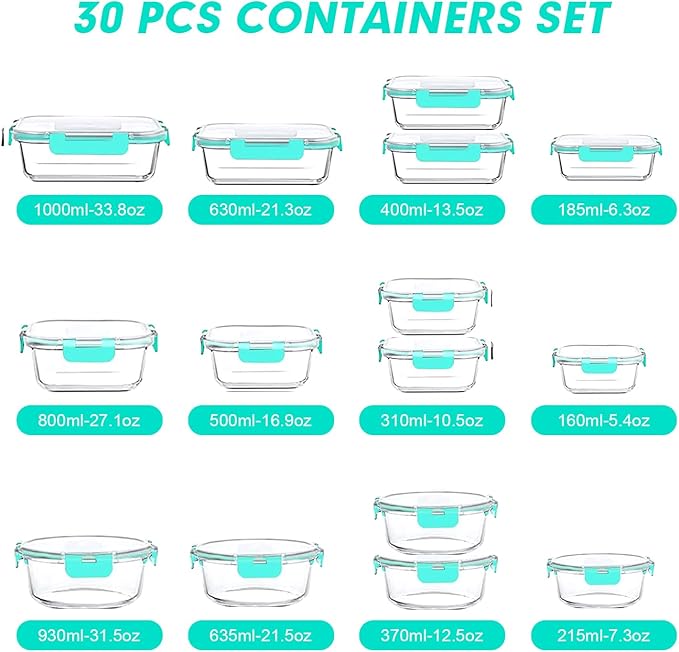 VERONES 30 Pieces Glass Meal Prep Containers Set, Stackable Glass Food Storage Containers with Lids-Airtight Glass Lunch Containers，for Microwave, Oven, Freezer & Dishwasher,Green