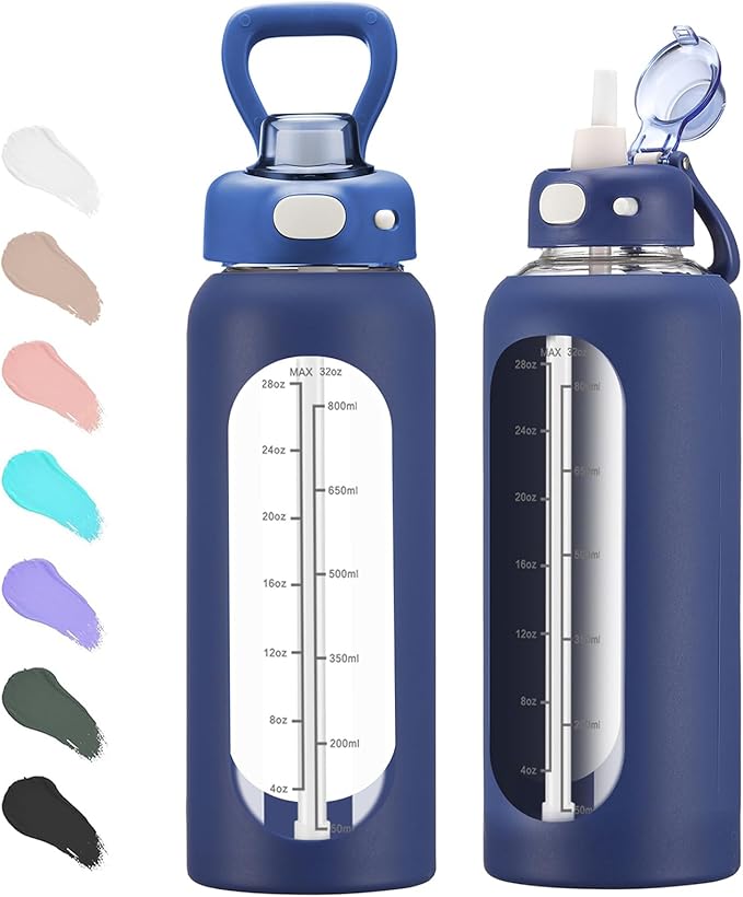SIEROZUR 32 Glass Water Bottle with Straw and Handle Motivational Water Bottles with Silicone Sleeve and Time Marker Leakproof Borosilicate Water Bottle for Gym Home Office