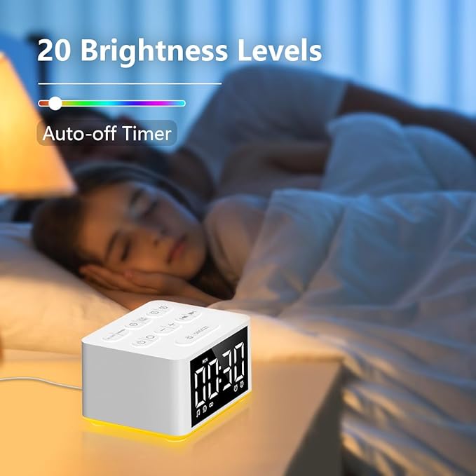 【3 in 1】 Small Sound Machine Alarm Clock Night Light White Noise Machine 27 Sleeping Sounds for Adults Kids Precise 32 Level Volume Sleep Timer Memory Function Digital Clock with 30 Wake Up Sounds