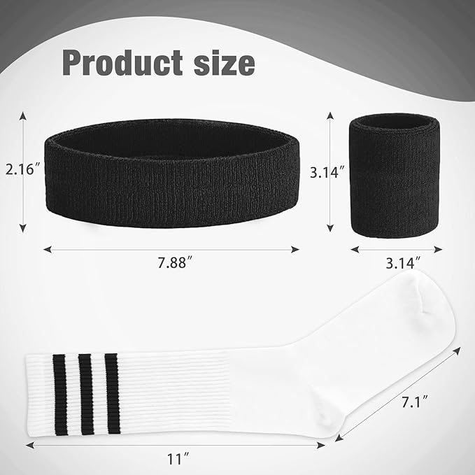 ONUPGO 5 Pieces Sweatbands Striped Socks Set Sports Headband Wristbands High Tube Socks 80s Accessories Costumes
