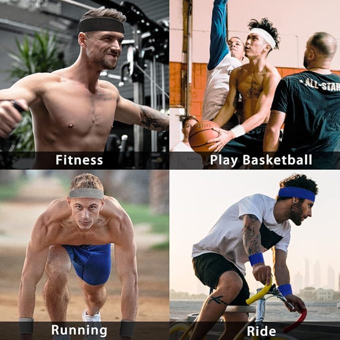Sports Sweat Bands for Men -12 Pack Sports Headband and Wristbands, Sweatbands Colorful Cotton Sweat Band for Women ＆ Men Tennis Basketball Outdoor Athletic, Running, Gym