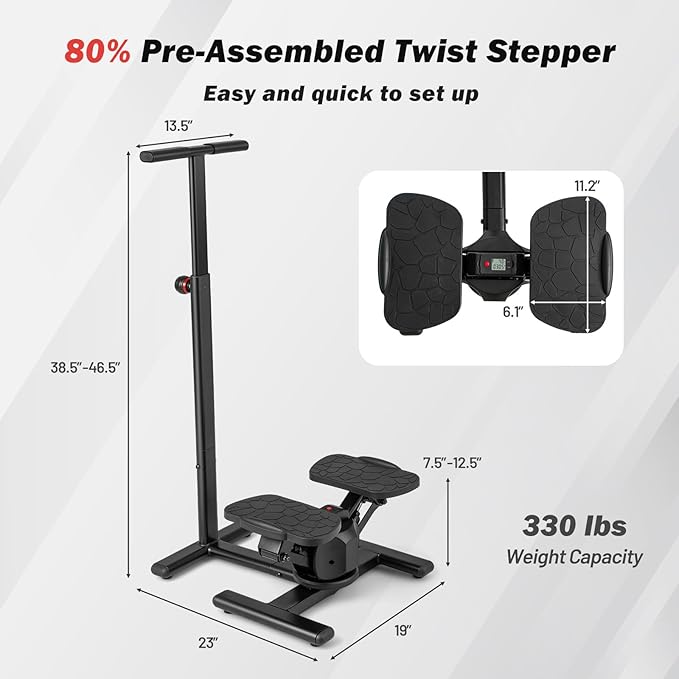 GYMAX Exercise Stepper with Handle Bar, 330 LBS Twist Stepper with LCD Monitor & Oversize Pedals, Portable Hydraulic Mini Stair Stepper for Home Aerobic Workout Fitness