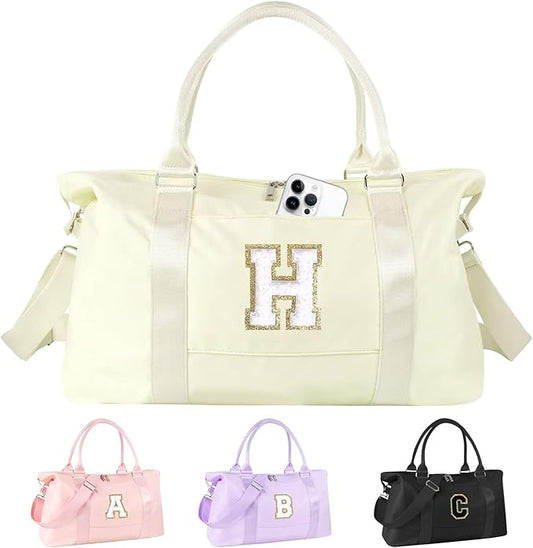 Dance Gym Duffel Bag for Teen Girls, Personalized Initial Travel Weekender Bag,Cute Overnight Carry On Duffle for Women,Sports Travel Cheer Bag,Monogram Christmas Gifts for Tween Preppy(beige-H)