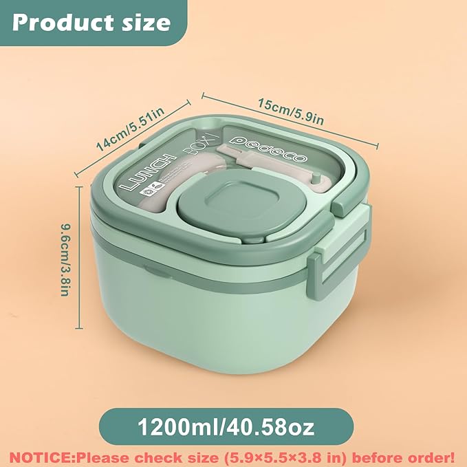 Single-Layer Bento Lunch Box for Kids & Adults with Removable Stainless Steel Lunch Container,Dressing Container,BPA-Free,Dishwasher Safe - Includes Utensil(Green,Not Insulated)