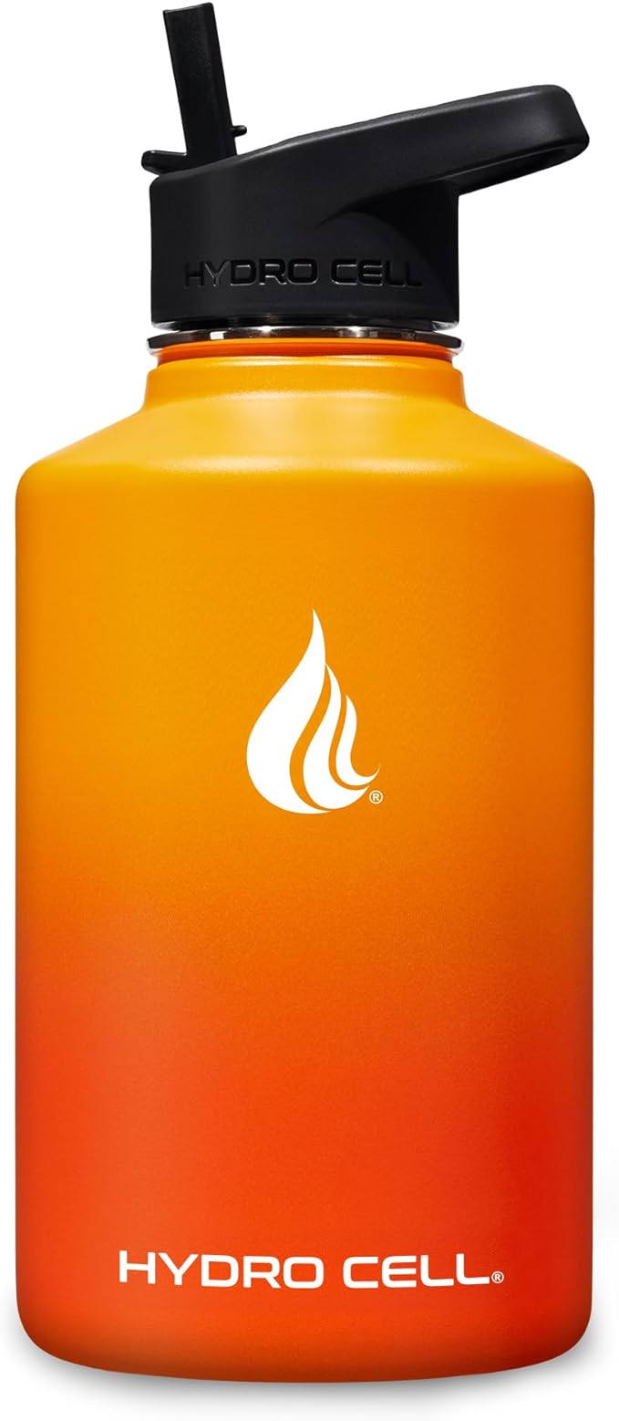 HYDRO CELL Stainless Steel Insulated Water Bottle with Straw - For Cold & Hot Drinks - Metal Vacuum Flask with Screw Cap and Modern Leakproof Sport Thermos for Adults (Red/Orange 64oz)