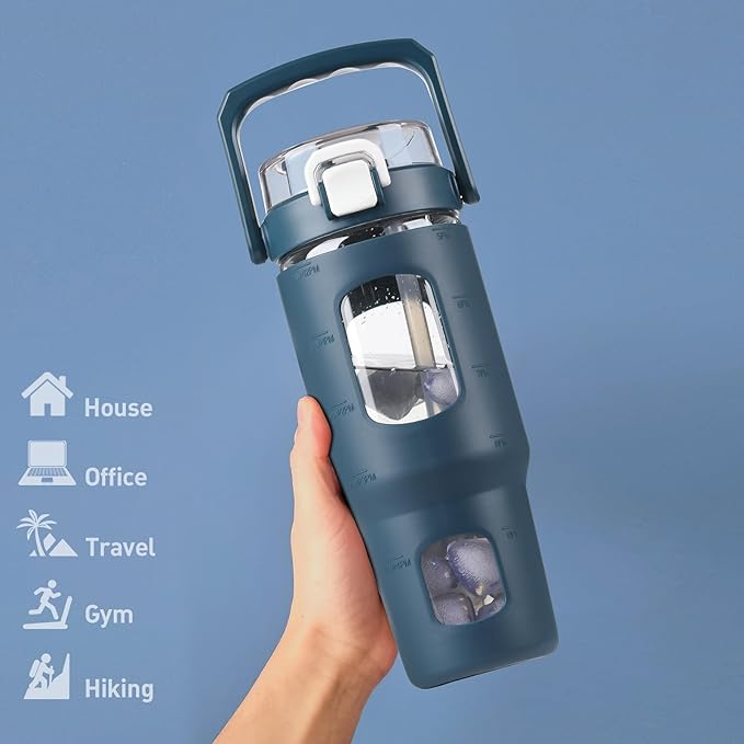 BLUEGO 32oz Glass Tumbler with Lid and Handle, Iced Coffee Cup with Straws, Glass Water Bottle with Silicone Sleeve and Volume, Marker Glass Cup with Time Marking, BPA Free, Dark Blue