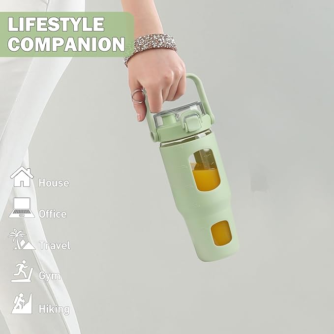 BLUEGO 32oz Glass Water Bottles with Straw Time Marker Half Gallon Large Motivational Water Bottle with Silicone Sleeve 2 Liter Large Glass Water Jug for Gym, Sports& Workout, Daily, Green