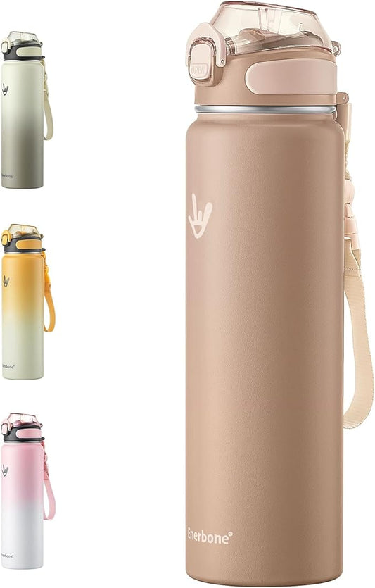 Enerbone 32 oz Insulated Water Bottle, Stainless Steel Bottle with Carrying Strap, Double-Wall Vacuum Insulation Design, Leakproof Sports Bottle with Straw, Keep Drinks Cold or Hot for Hours
