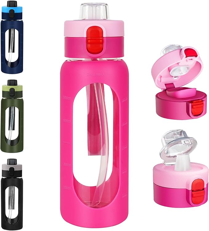 ANOTION 24OZ Glass Water Bottle, Large Sports Water Bottle with Dual-Drink Lid Clear Leakproof Glass Bottles with Straw, Motivational Jug with Silicone Sleeve and Time Marker for Travel Gym-Pink