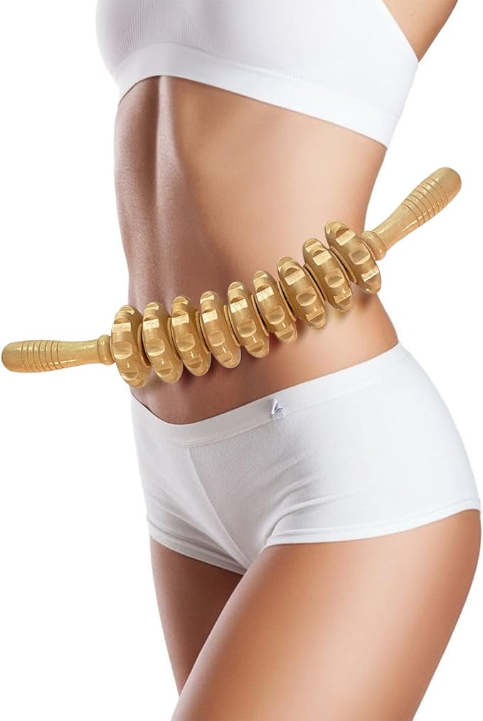 Manual Massage Stick, Curved Wooden Handheld Roller Trigger Point Massager for Fascia, Cellulite, Muscle & Abdomen, Body Therapy Massager, Belly Relief Tool, White