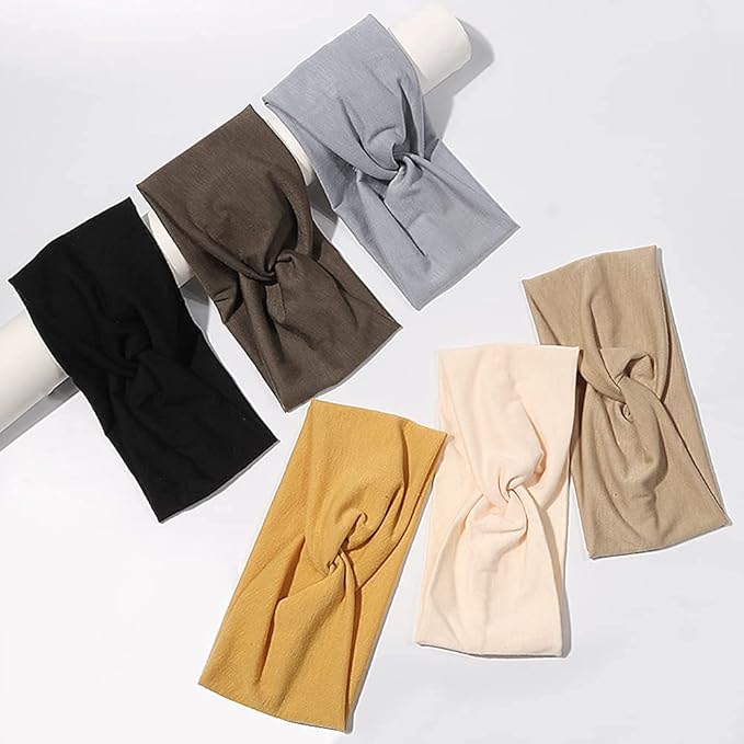 6 Pack Wide Boho Headbands for Women - Soft Yoga Elastic Hair Bands for Girls Workout Running Sport Headwrap Non-slip Breathable (Solid)