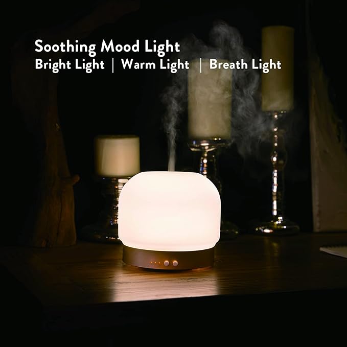 Essential Oil Diffusers for Large Room 280ml Aromatherapy Diffuser for Home - Glass Cover, 4 Timers, Auto Shut-Off, Adjustable Lights, No Beep