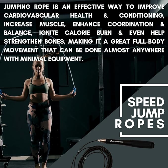 Hyperwear Adjustable Speed Jump Rope - Patented Self-Locking Head, Aluminum Hangles with Knurled Silicone Grips and Bonus Wire Rope for CrossFit, Boxing, and Fitness Training