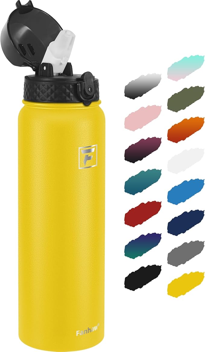 Fanhaw 32 Oz Stainless Steel Insulated Sports Water Bottles with Straw for Kids, Men and Women (Yellow)