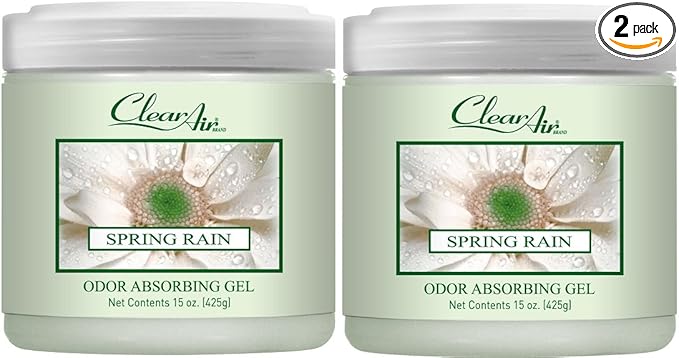 Clear Air Odor Absorber Gel - 15 oz, Pack of 2 - Air Freshener Absorbs and Eliminates Odors in Bathrooms, Cars, Boats, RVs and Pet Areas - Made with Essential Oils - Spring Rain Scent