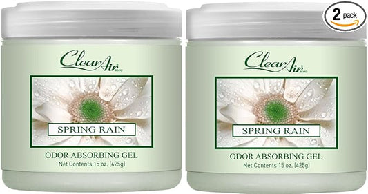 Clear Air Odor Absorber Gel - 15 oz, Pack of 2 - Air Freshener Absorbs and Eliminates Odors in Bathrooms, Cars, Boats, RVs and Pet Areas - Made with Essential Oils - Spring Rain Scent