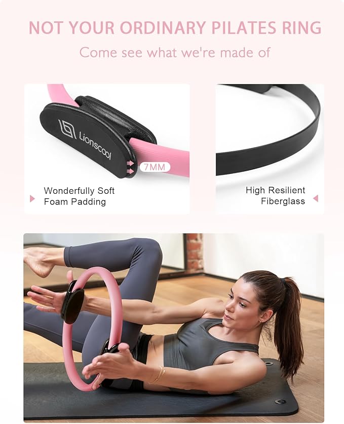 LIONSCOOL Pilates Ring Set – 14" Anti-Deformation Magic Circle with Padded Handles, Mini Ball, Resistance Bands, Guide & Bag