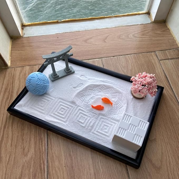 Japanese Zen Garden Kit for Desk with 3 Sand Spheres, Zen Decor with Wooden Tray and Natural Rake Torii Gate Ornament for Home & Office, Desktop Sandbox for Relaxation and Meditation
