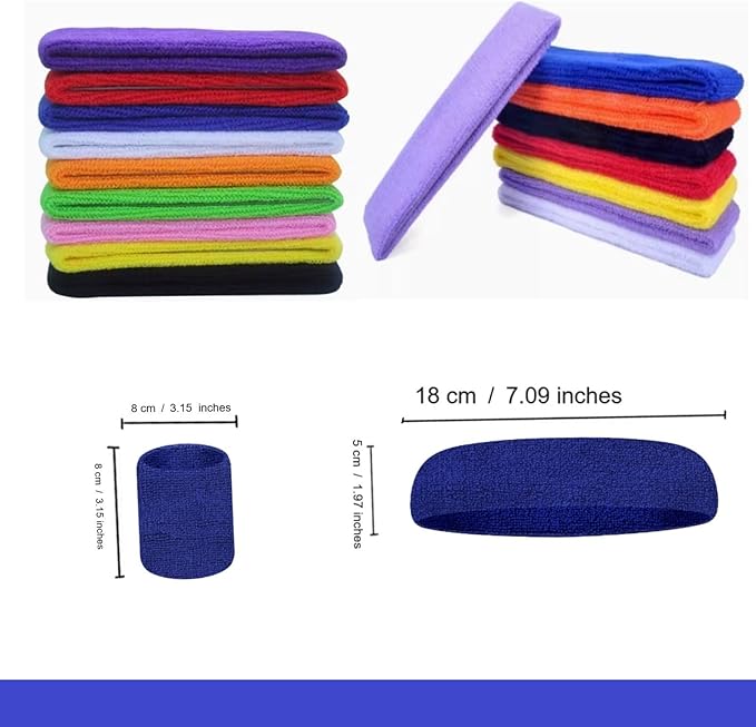 24 Pcs Neon Sweatbands Set Include 8 Pcs Sports Headband and 16 Pcs Cotton Wristbands 80s Neon Sweat Bands Bulk for Gym, Tennis, Basketball, Running, Exercise