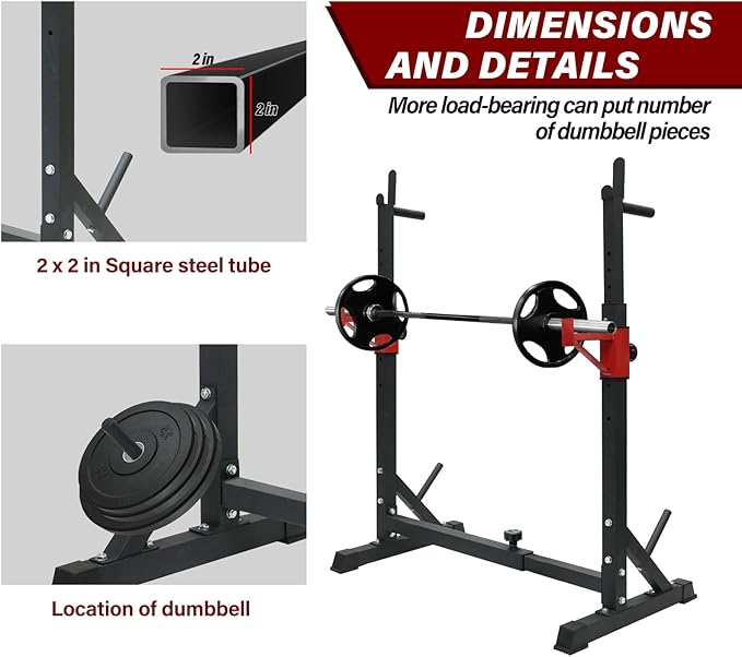 BESTHLS Adjustable Squat Rack Stand with Barbell Rack, Weight Plate Holder, J Hooks,Dip Bar Station for Bench Press Strength Training Max Load 550LBS Suitable for Gym and Home Fitness