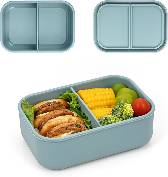 100% Silicone Bento Box Adult with 2 Compartments, 24oz, Reusable Small Divided Lunch Box Meal Prep Containers for Food Snack Storage, BPA-Free Plastic-Free, Microwave Dishwasher safe, Green