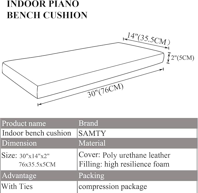 Faux Leather Piano Bench Cushions with Ties for Indoor Shoe Storage, Window Seat, Patio Seating, Dining Room Sette Bench pad 30x14 inch, Brown