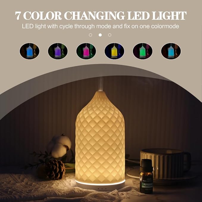 Essential Oil Diffuser for Home, Ceramic Aromatherapy Diffuser for Essential Oils, 120ml Oil Diffuser with Waterless Auto-Off and 7 LED Lights for Large Room Yoga Spa (White)