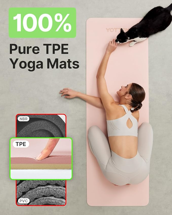 Yoga Mat,Non-Slip TPE Exercise Mat(1/4 Inch) for Pilates, Fitness & Barefoot Workouts, Home Gym Studio with Strap & Bag