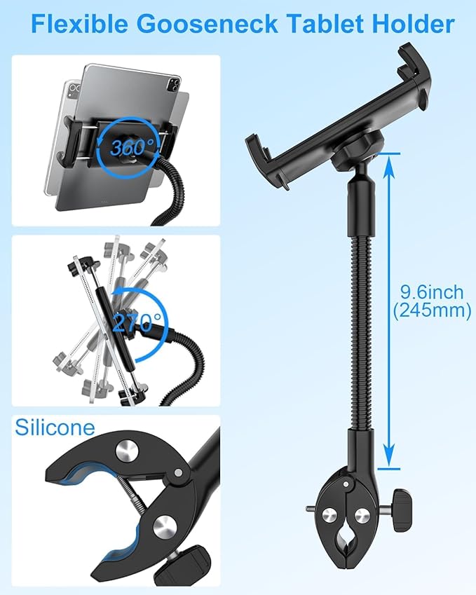 Gooseneck Tablet Holder with Flexible Long Arm, Anti-Slip iPad Clamp Mount for Treadmill/Spin Bike/Stroller/Wheelchair/Elliptical/Boat/Mic Stand/Peloton/Indoor Cycle, Fits 4-13" Device