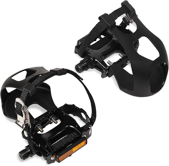 Bucklos Bike Pedals with Toe Cages and Straps - Bicycle Toe Clips Cage Compatible with Road Bike/Peloton/Mountian Bikes/MTB - Toe Clip Pedal for Wide Shoes Indoor Outdoor Cycling