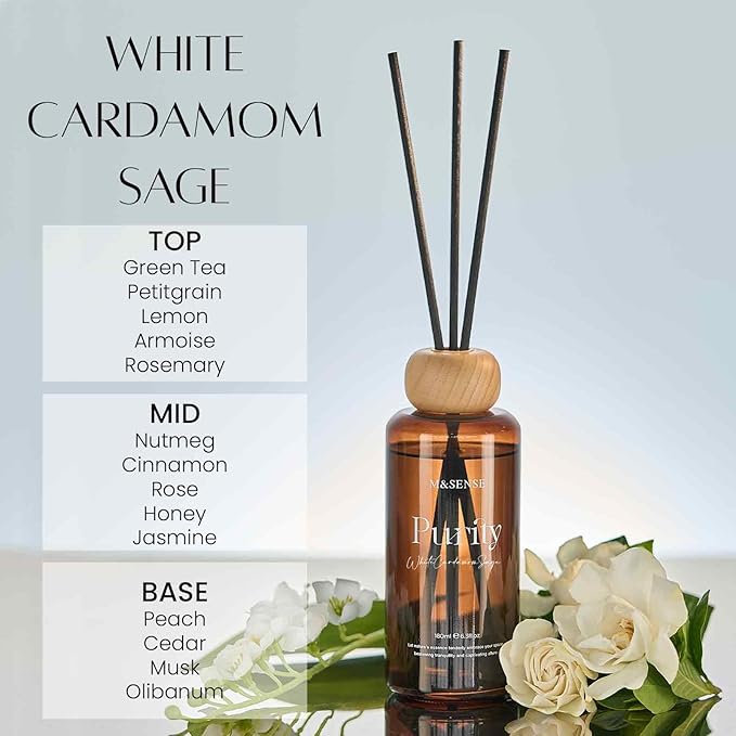 M&SENSE White Cardamom Sage Reed Diffuser: 6.3 fl oz Non-Toxic Aroma Set with Sticks, Light & Subtle Fragrance, Long-Lasting Natural Essential Oil Gifts for Bedroom, Shelf Decor & Small Spaces